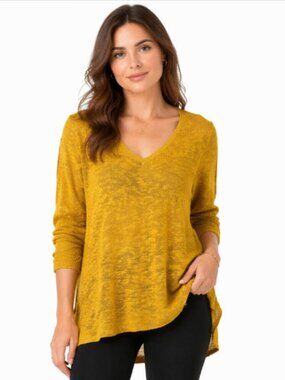Eileen Fisher V-Neck Linen Knit Sweater Lightweight Mustard Size Small Relax Fit